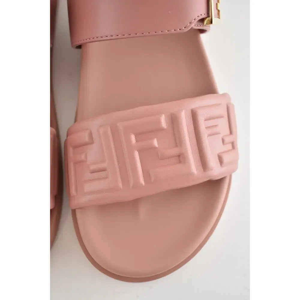Fendi Feel Slide Pink Brick Leather FF Baguette Logo Gold Mule Flat Sandal 37